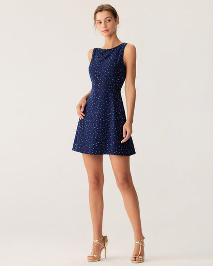 Blaues Polka-Dot ärmelloses Cut-Out Mini-Kleid